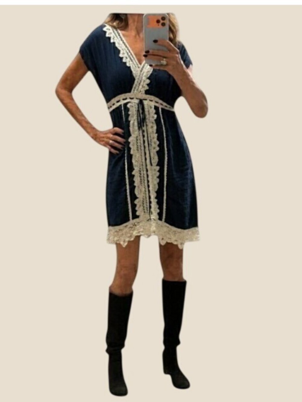 Crochet‎ Lace Trim Boho Embroider Front Mini Dress L Romantic Summer Dainty